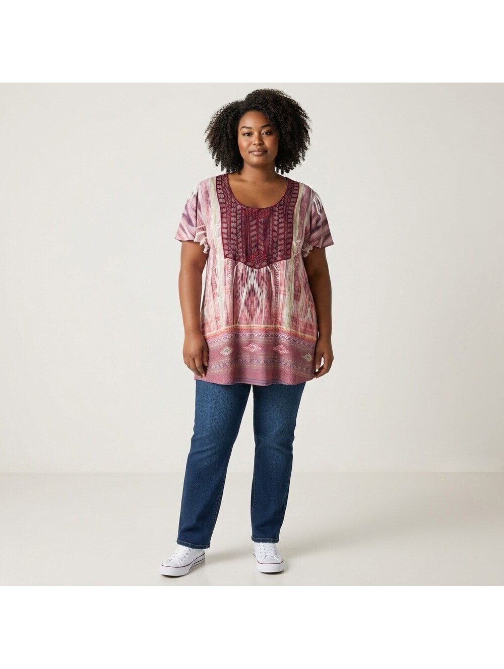 World Unity Blouse Women XL Pink Geometric Short Sleeve Round Neck Casual